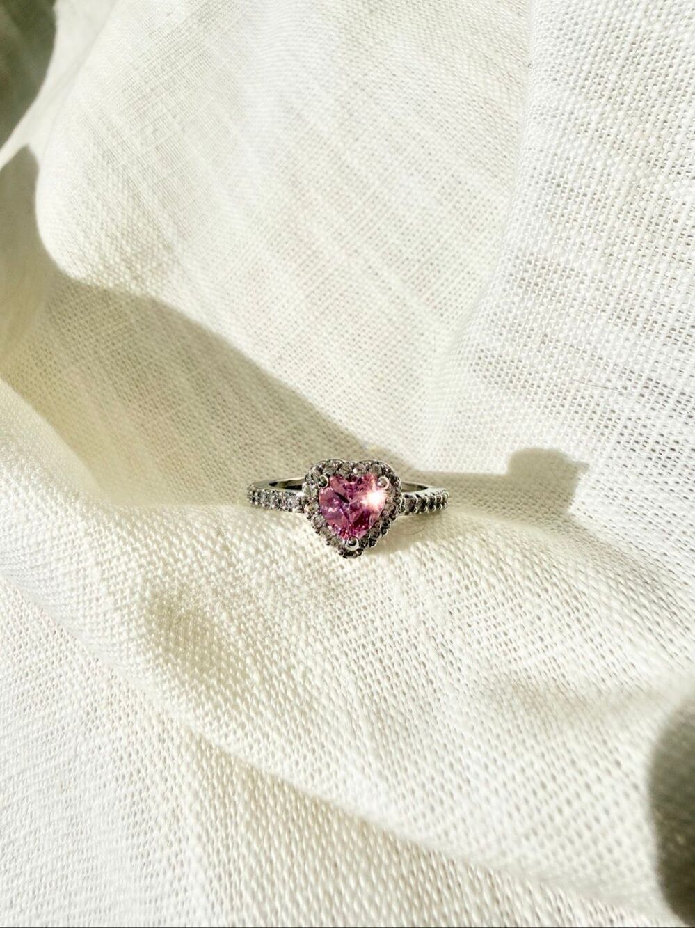 Pink Heart Cubic Zirconia Halo Ring Silver Tone Sparkly